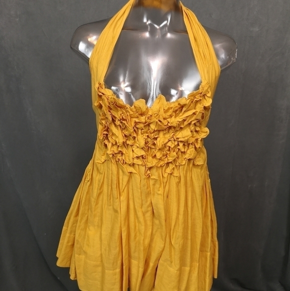 Vintage designer Rachel Roy bright yellow ruched tucked cotton halter top - Picture 6 of 14
